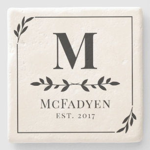 Monogram Elegant Black & White Greenery Stenen Onderzetter