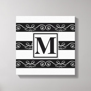 Monogram elegant Black White striped design Canvas Afdruk