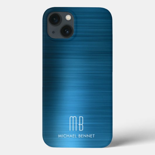 Monogram Elegant Blau Geborsteld Metaal Case-Mate iPhone Case (Achterkant)