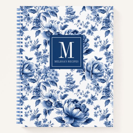Monogram Elegant Blauw Bloemen Kookboek Recept Notitieboek (Voorkant)