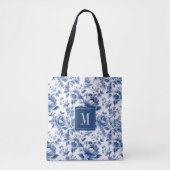 Monogram Elegant  Blauw Wit Bloempatroon Draagtas (Voorkant)