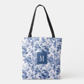 Monogram Elegant  Blauw Wit Bloempatroon Draagtas (Achterkant)