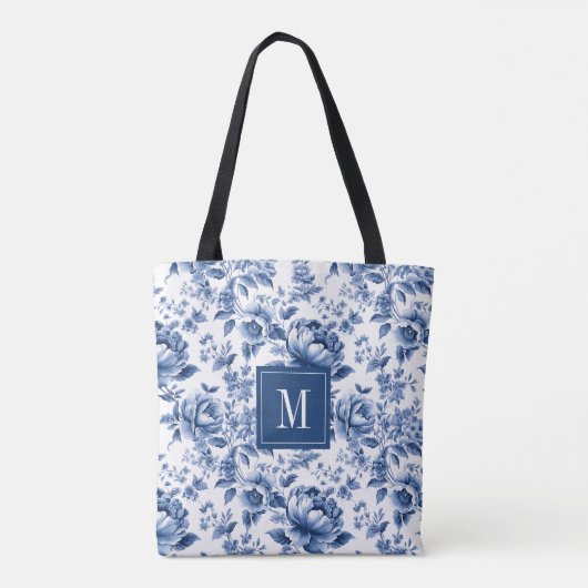 Monogram Elegant  Blauw Wit Bloempatroon Draagtas (Achterkant)