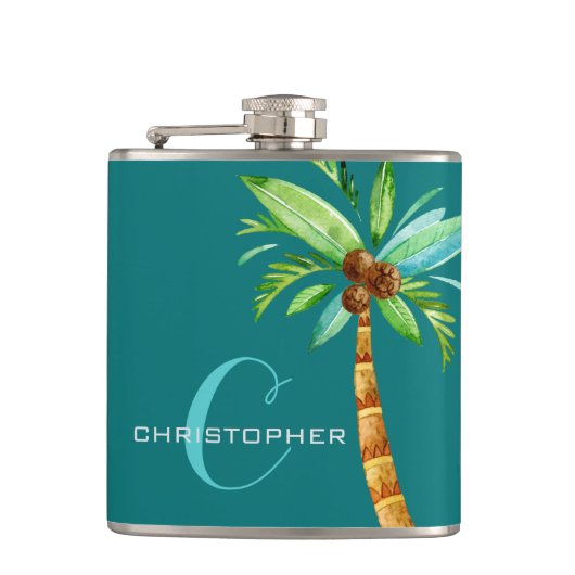 Monogram Elegant Blauwgroen Palm Groomsmen Heupfles (Voorkant)