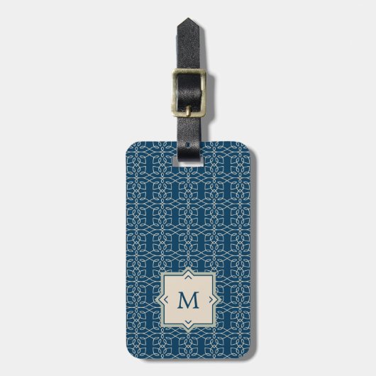 Monogram | Elegant Blush Pink Pattern on Blue Bagagelabel (Voorkant verticaal)