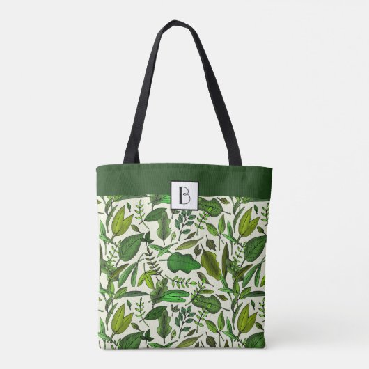 Monogram Elegant Botanical Green Leaves Pattern Draagtas (Achterkant)