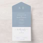 Monogram Elegant Dusty Blue en Gold Wedding All In One Uitnodiging (Binnen)