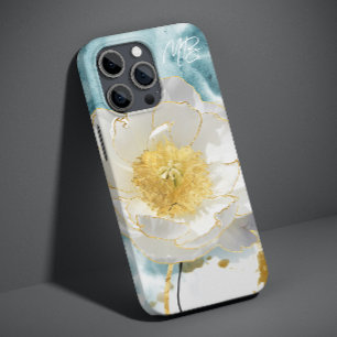 Monogram Elegant Eenvoudige Witte Bloem Waterverf Case-Mate iPhone 14 Hoesje