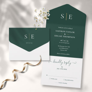 Monogram Elegant Emerald Green en Gold Wedding All In One Uitnodiging