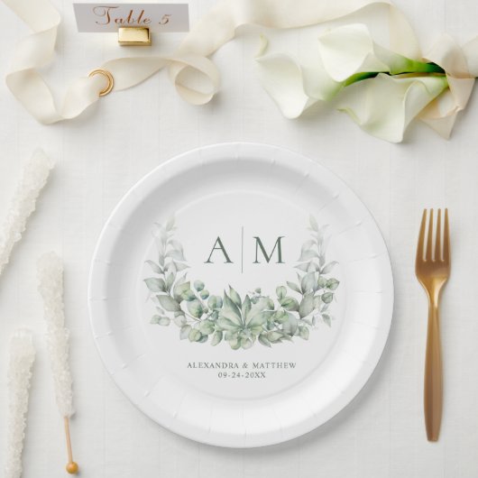 Monogram Elegant Eucalyptus Greenery Wedding Papieren Bordje (Huwelijk)