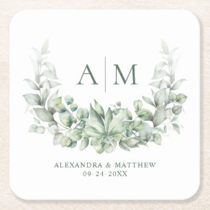 Monogram Elegant Eucalyptus Greenery Wedding Vierkante Kartonnen Onderzetter