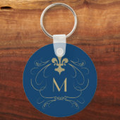 Monogram Elegant Fleur de Lis Blue Gold Sleutelhanger (Voorkant)