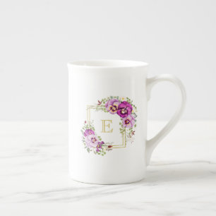 Monogram Elegant Floral Paarse Pansies Porselein Kop