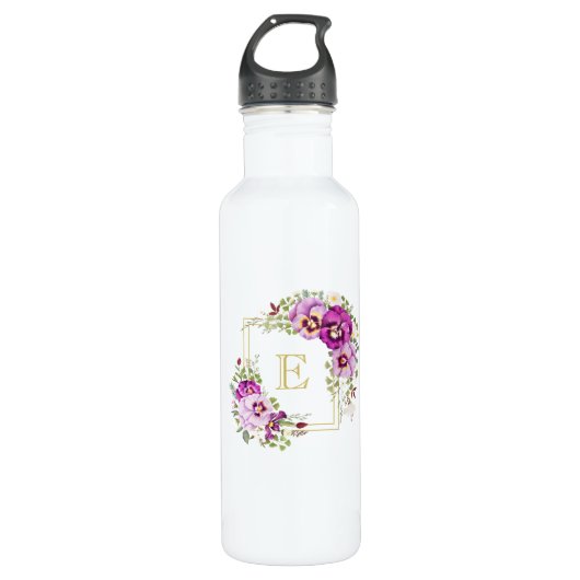 Monogram Elegant Floral  Paarse Pansies Waterfles (Voorkant)