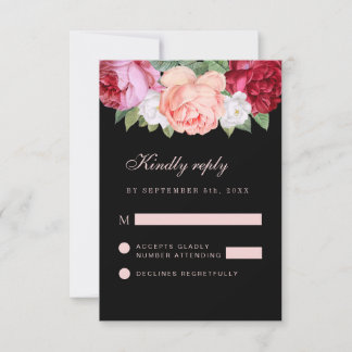 Monogram Elegant Floral Rozen Roze Black Weddensch RSVP Kaartje