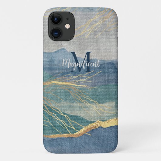 Monogram Elegant Gold & Hues of Blue Landscape Art Case-Mate iPhone Case (Achterkant)
