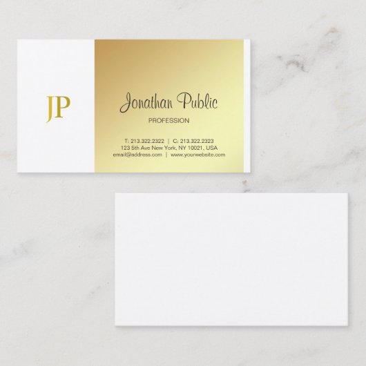 Monogram Elegant Gold White Plain Luxury Script Visitekaartje (Voorkant / Achterkant)
