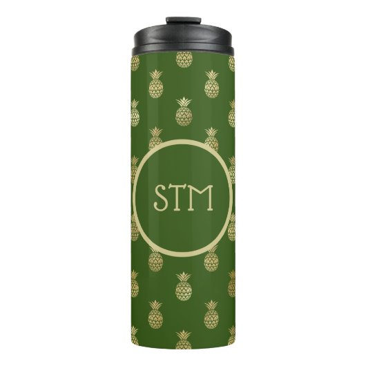 Monogram Elegant Green en Gold Pineapple Thermosbeker (Voorkant)