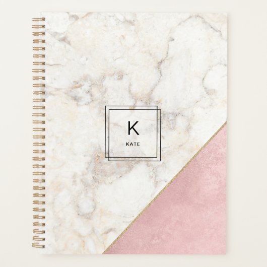 Monogram Elegant Marble Minimalist Roos Gold Big Planner (Voorkant)