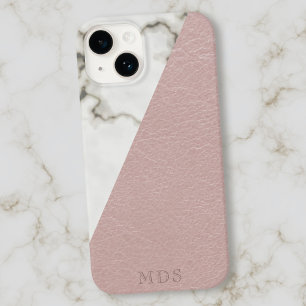 Monogram Elegant Marmer Blush Roze Faux Leder Case-Mate iPhone 14 Hoesje