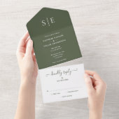 Monogram Elegant Minimalist Olive Green Wedding All In One Uitnodiging (Afscheurbaar)