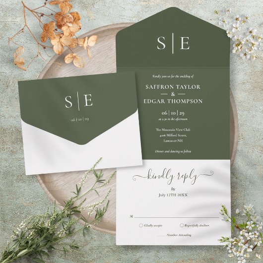 Monogram Elegant Minimalist Olive Green Wedding All In One Uitnodiging