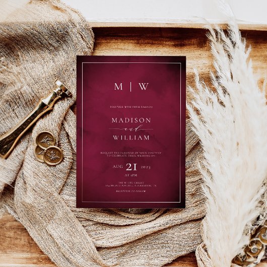 Monogram Elegant Modern Burgundy Wedding Kaart