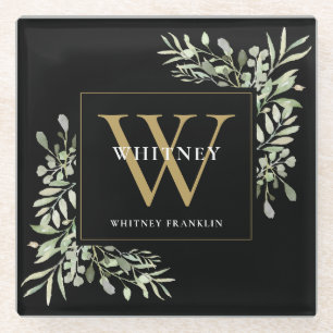 Monogram Elegant Modern Greenery Black Gold Glazen Onderzetter