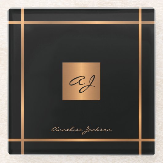 Monogram elegant modern zwart goud stijlvol glazen onderzetter (Voorkant)