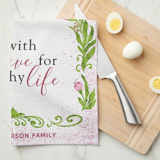 Monogram Elegant Motivatie Roze Bloemen Theedoek (Quarter Fold)