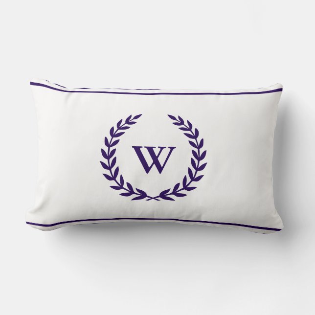 Monogram Elegant Navy Blue en White Lumbar Pillow Kussen (Voorkant)