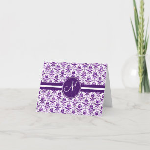 Monogram Elegant Paars en White Damask Notitiekaartje