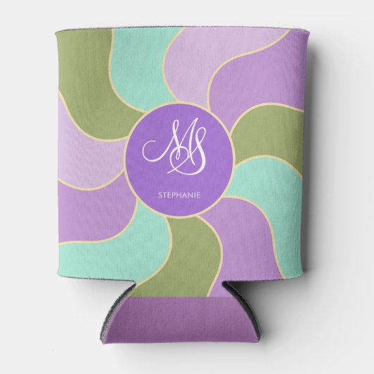 Monogram Elegant Paarse Groene Retro Zonnegolven Blikjeskoeler (Voorkant)