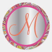 Monogram Elegant Pink en Silver Paisley Ronde Sticker (Voorkant)