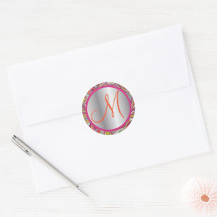 Monogram Elegant Pink en Silver  Paisley Ronde Sticker