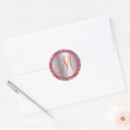 Monogram Elegant Pink en Silver Paisley Ronde Sticker (Envelop)