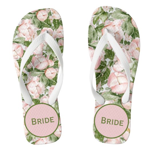 Monogram Elegant Pink Green Floral Bride Teenslippers (Voetbed)