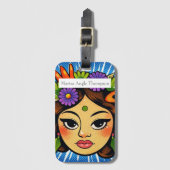 Monogram elegant pop art girl with flower Blue Bagagelabel (Voorkant (verticaal))