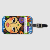 Monogram elegant pop art girl with flower Blue Bagagelabel (Voorkant (horizontaal))