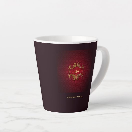 Monogram Elegant Red Damask Sjabloon Classic Latte Mok (Rechterhoek)