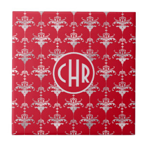 Monogram Elegant Red en White Damask Tegeltje