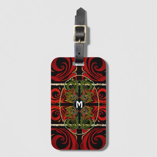 Monogram Elegant Red & Green Pattern Bagagelabel (Voorkant (verticaal))