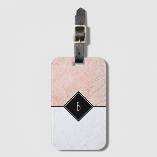 Monogram Elegant Roos Gold Grey Marble Bagagelabel (Voorkant (verticaal))