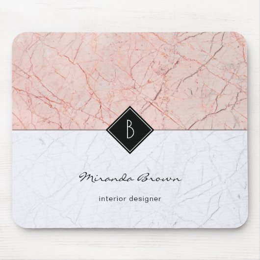 Monogram Elegant Roos Gold Grey Marble Mousepad Muismat (Voorkant)