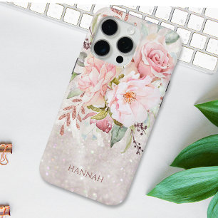 Monogram Elegant Roze Roze Pioen Bloemen Marmer iPhone 15 Pro Max Hoesje