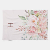 Monogram Elegant Roze Roze Pioen Bloemen Theedoek (Horizontaal)