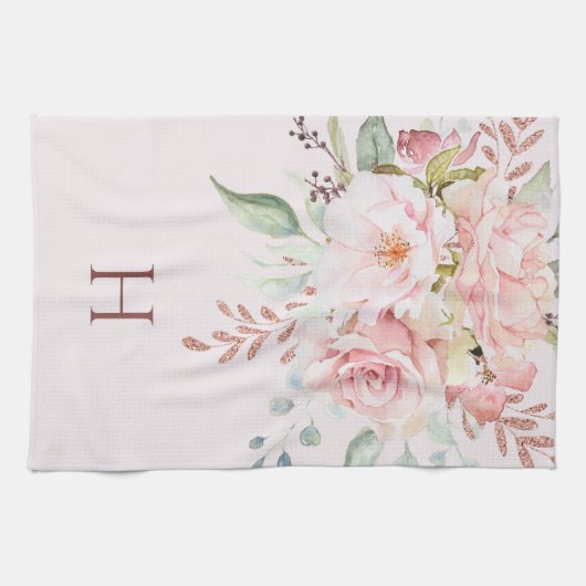 Monogram Elegant Roze Roze Pioen Bloemen Theedoek (Horizontaal)