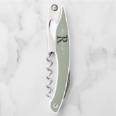 Monogram Elegant Sage Green Script Initiaal Naam Kurkentrekker (Voorkant)