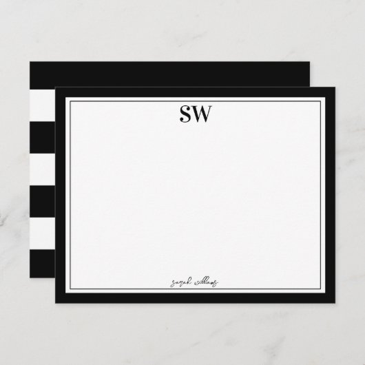 Monogram Elegant Script Black White Border Minimaa Notitiekaartje (Voorkant / Achterkant)