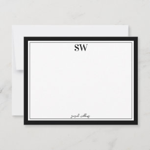 Monogram Elegant Script Black White Border Minimaa Notitiekaartje